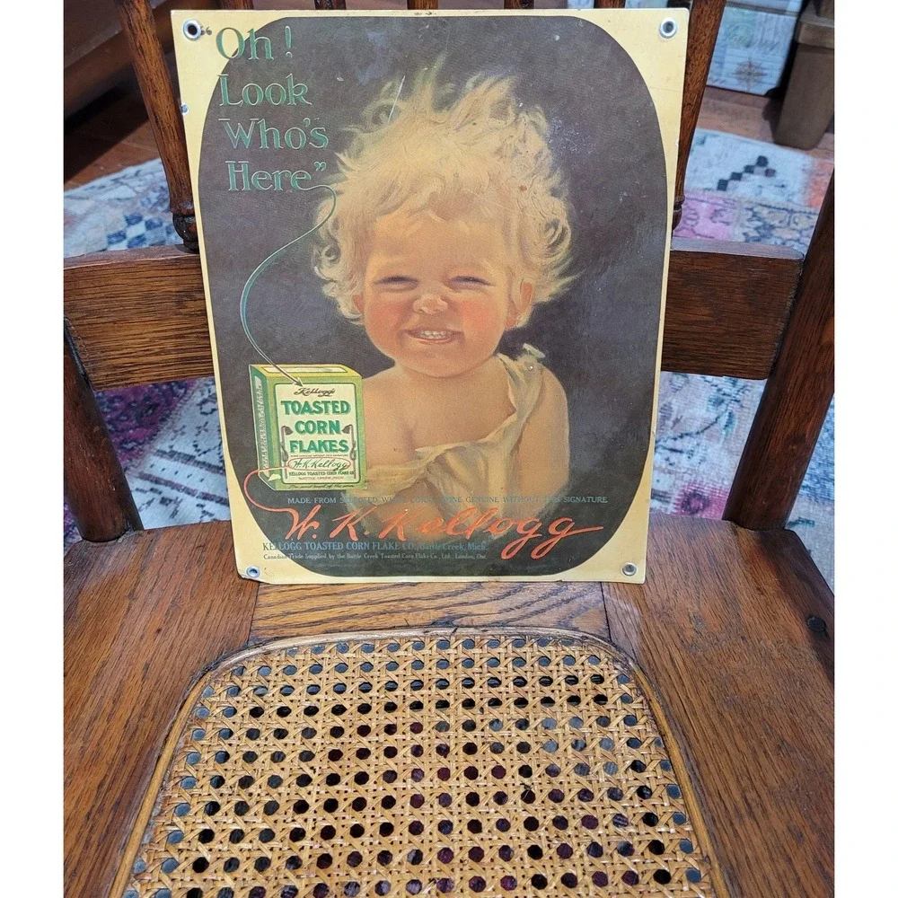OH LOOK WHOS HERE Kellogg's Corn Flakes Advertisment W.K Kellogg Metal. 9 1/2x11